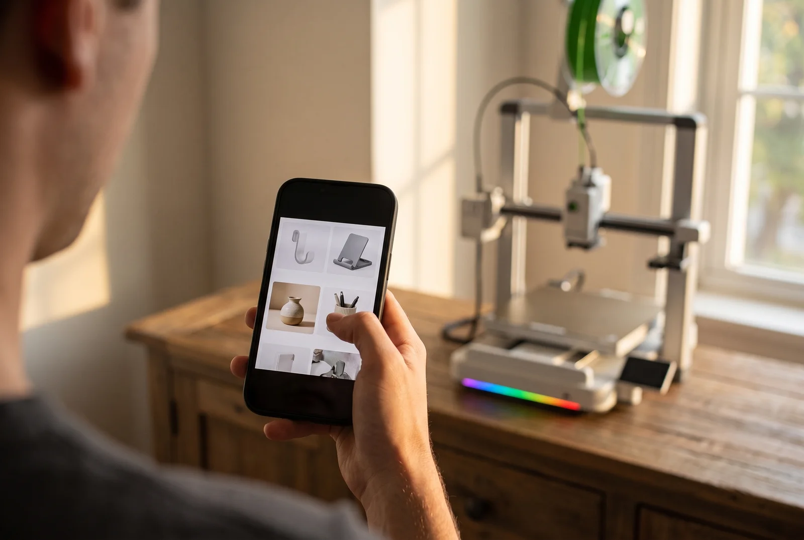 A hand chooses the object on a phone while the printer runs