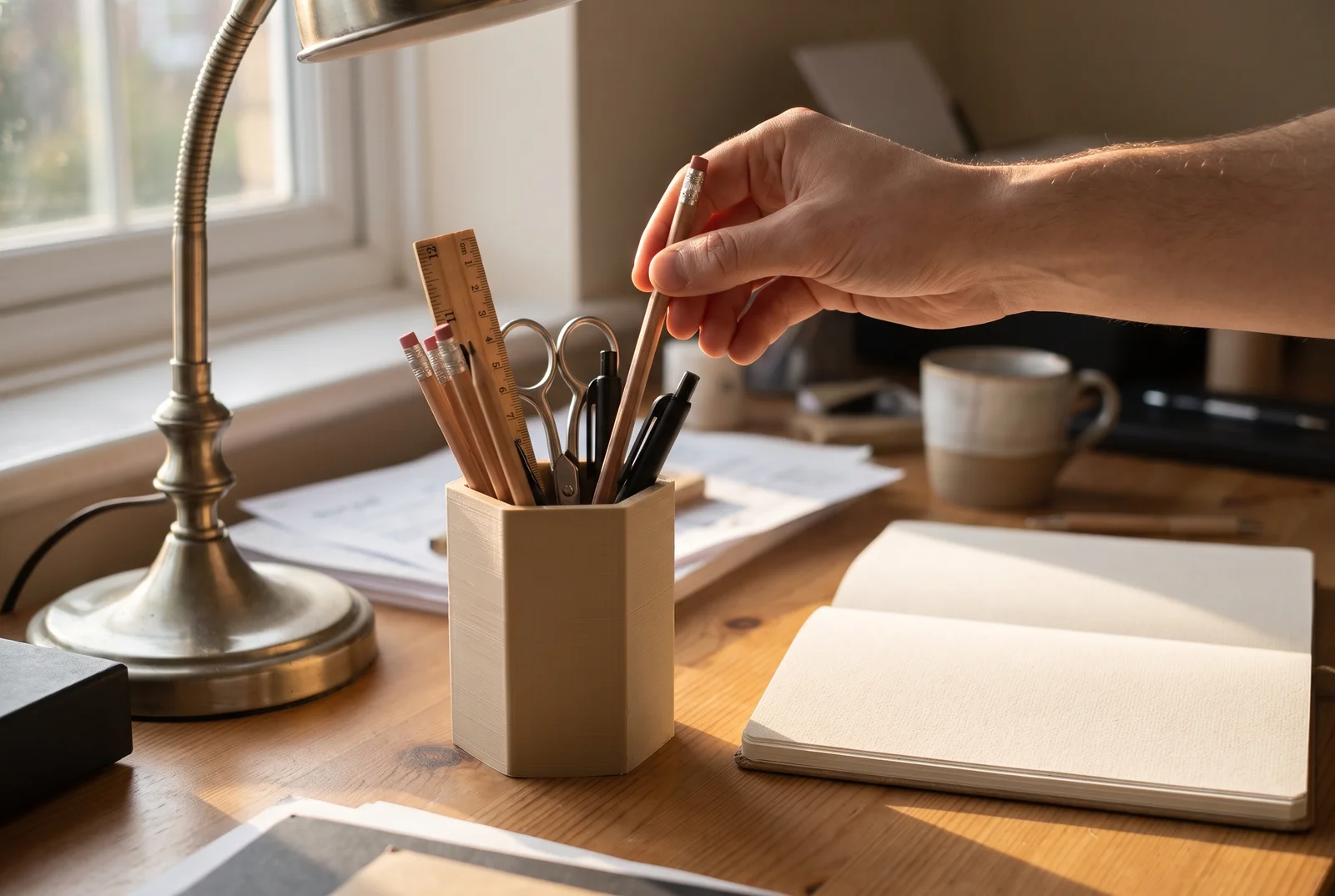 The printed pen holder, full of pens, on the desk