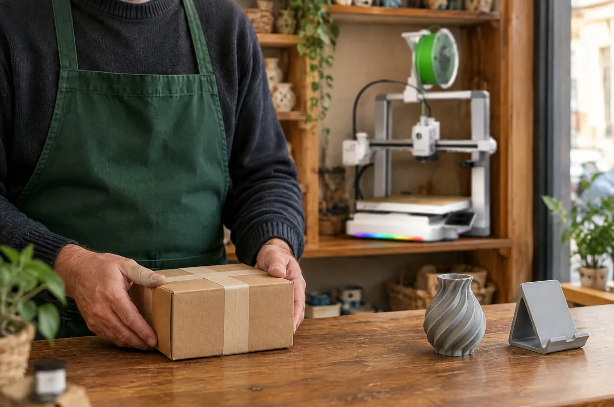 A shopkeeper in an apron holds a box on the counter beside a printed vase and stand.